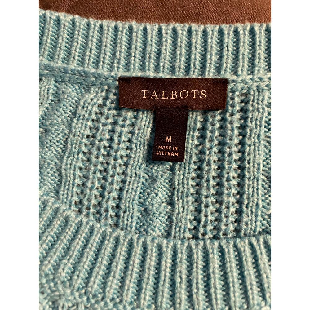 Talbots Cable Knit Sweater Women’s M Cerulean Blue Shoulder Button Pullover - Picture 3 of 4